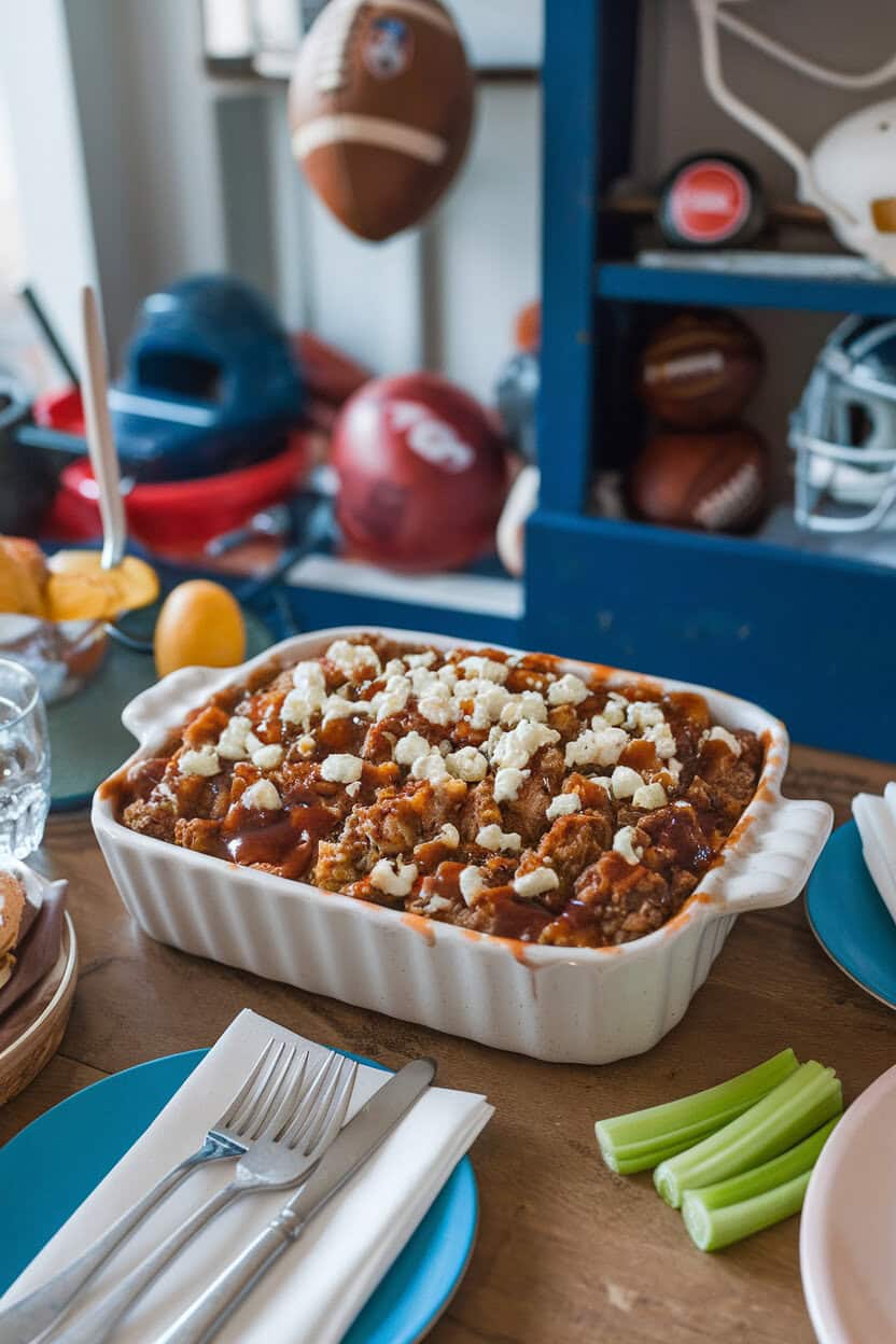 Indoor sports-themed brunch table featuring a casserole covered in hot sauce glaze and crumbled blue cheese, small celery sticks on the side. No logos or text. Photo.