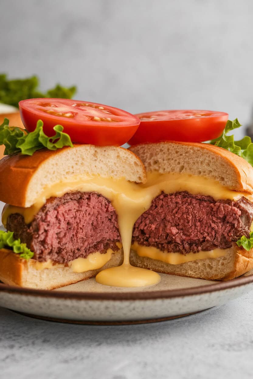 An indoor plate holding a burger sliced in half, molten Brie oozing from the beef patty, lettuce and tomato stacked neatly. No text or logos. Photo only.