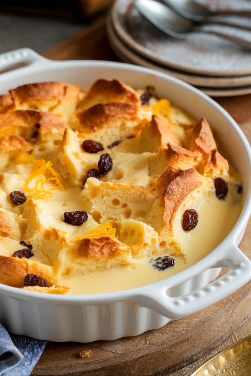 A white ceramic dish indoors containing golden bread pudding made from panettone, raisins and orange zest visible, custard pooling lightly. No branding or text.