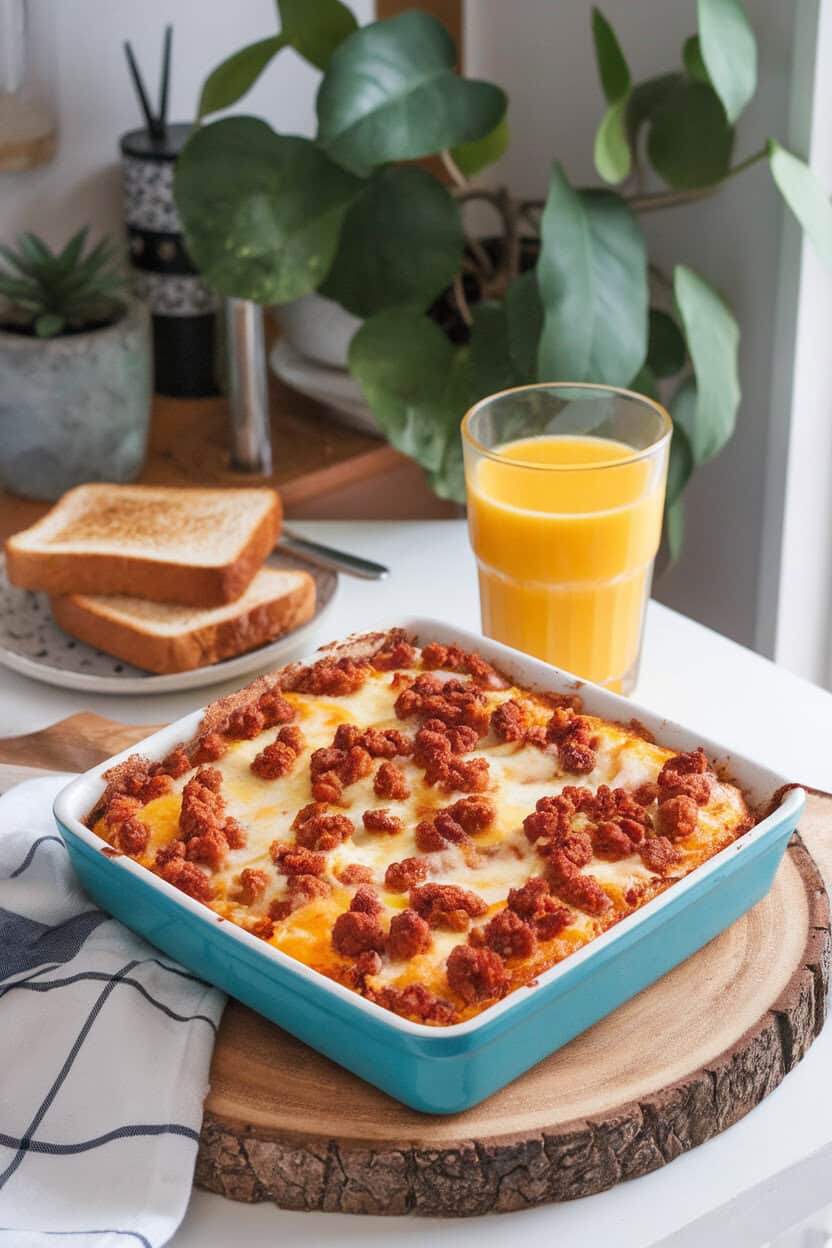 An indoor breakfast nook scene showing a casserole studded with chorizo crumbles, fire-roasted peppers, and melted pepper Jack cheese, colorful and slightly charred at the top. No branding visible. Photo only.