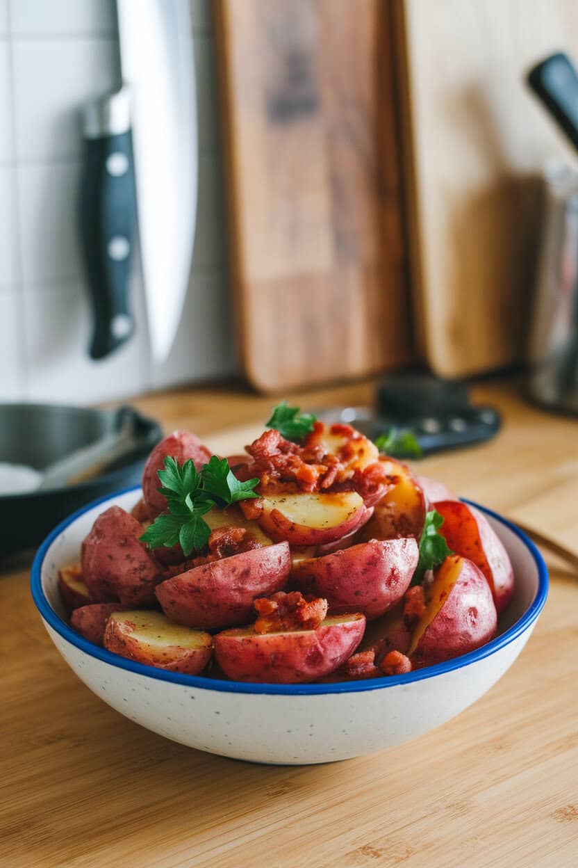 Indoor kitchen counter with a bowl of sliced red potatoes tossed in warm bacon-vinegar dressing, sprinkled with fresh parsley. No text or logos. Photo.