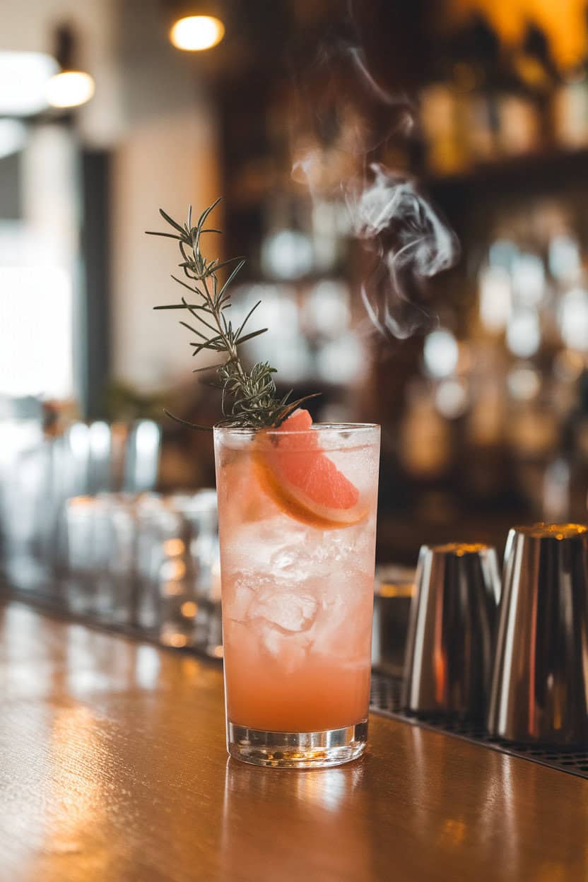 Highball filled with pale pink grapefruit cocktail, sprig of flaminged rosemary smoking slightly, set on an indoor wooden bar. No text or logos.