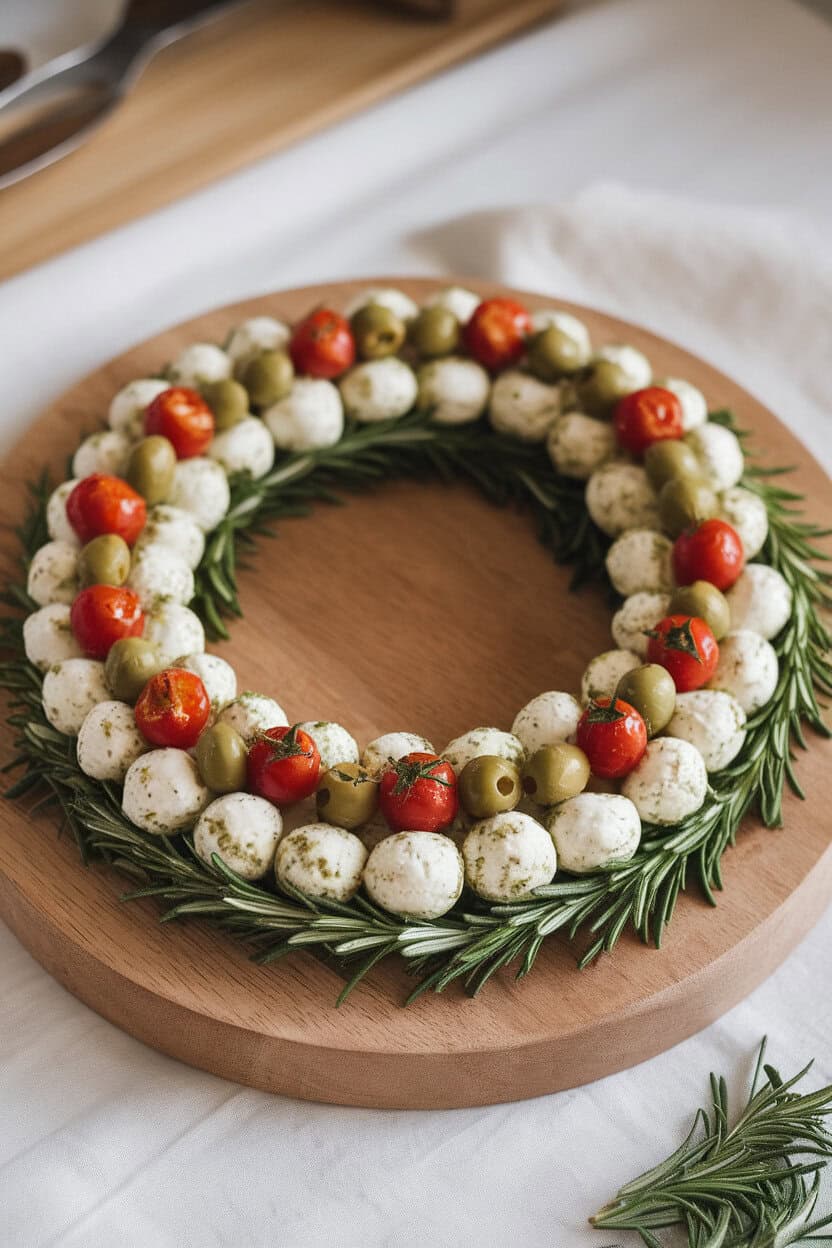 Indoor photo of a circular wooden board where pesto-brushed mozzarella balls, green olives, and rosemary form a wreath shape, accented with cherry tomato “berries.” No text or logos. Photo, not illustration.
