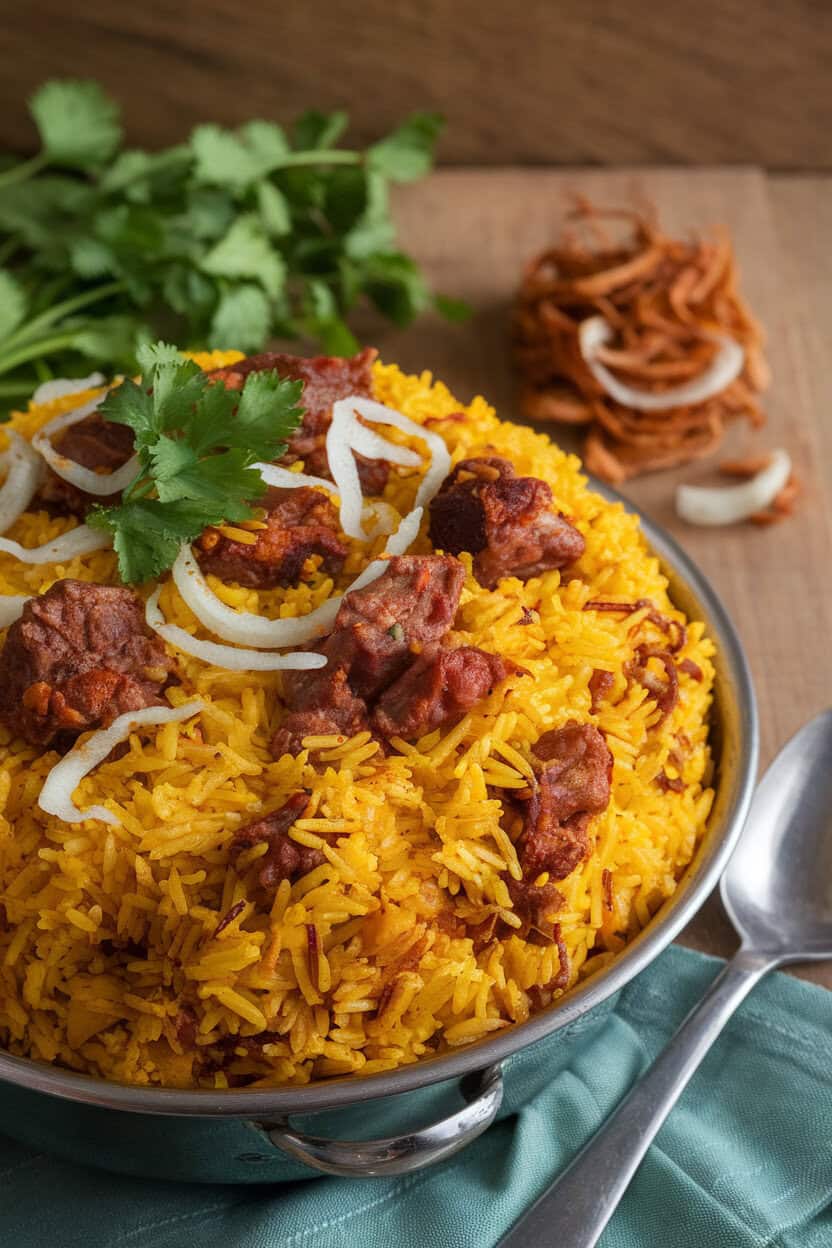 Photo of a deep dish filled with layered cooked lamb biryani—golden rice speckled with saffron and fried onions—captured indoors, no text or logos.