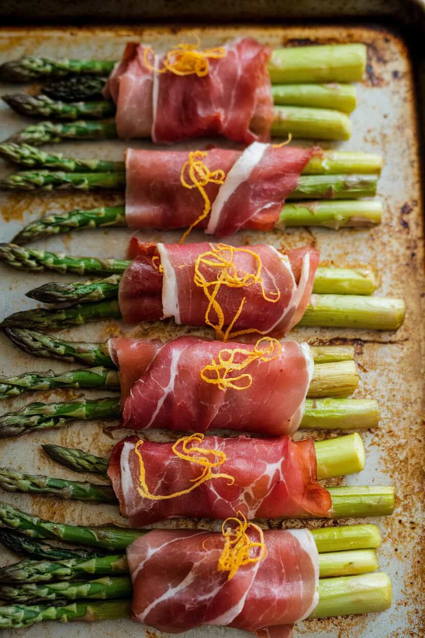 Indoor baking sheet photo of roasted asparagus spears wrapped in crisped prosciutto, sprinkled with lemon zest. No text or logos.