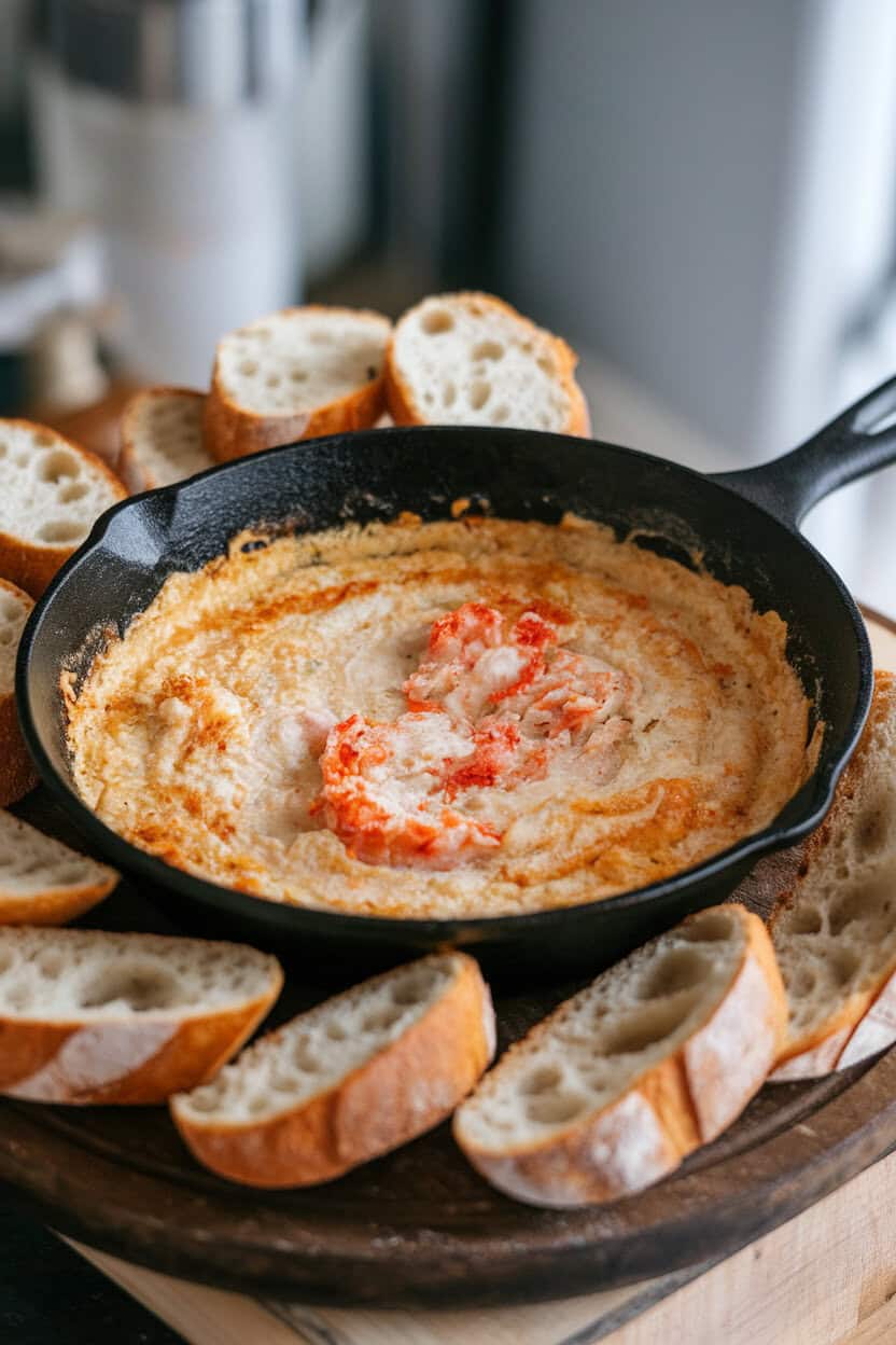 A small indoor cast-iron skillet filled with bubbling hot crab dip, toasted bread rounds arranged nearby. No text or logos. Photo, not an illustration.