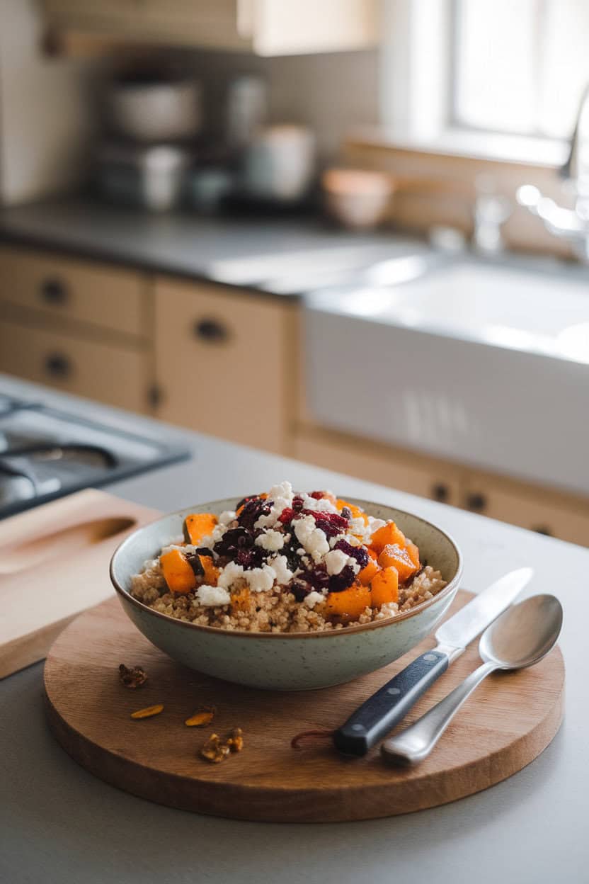 An indoor kitchen island featuring a bowl of quinoa topped with roasted squash, dried cranberries, feta crumbles, and pepitas. Soft natural light from a window; no logos; photo, not illustration.