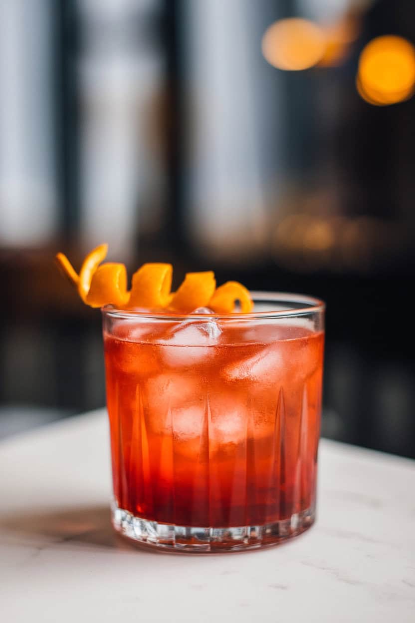 Indoor rocks glass filled with ice, deep orange Negroni Sbagliato topped with fizz, orange twist garnish, no text or logos.