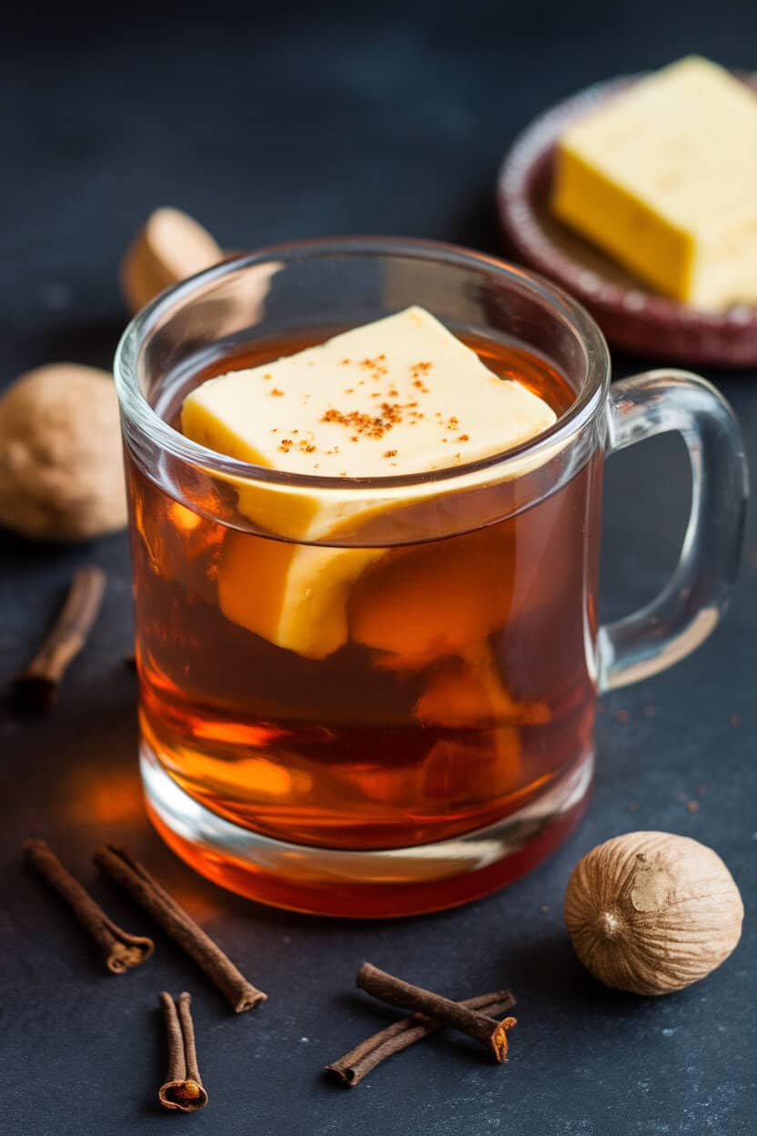 Photo of a clear glass mug indoors, filled with amber hot buttered rum, a pat of spiced butter melting on top, surrounded by whole cloves and nutmeg. No text or logos.