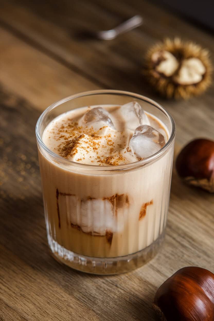 Indoor rocks glass with a creamy beige drink over crushed ice, grated nutmeg on top, chestnut pieces nearby. No text or logos.