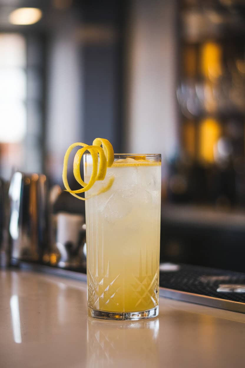 Indoor bar counter featuring a tall Collins glass of pale yellow French 75, lemon peel spiral hanging over the rim, no text or logos.