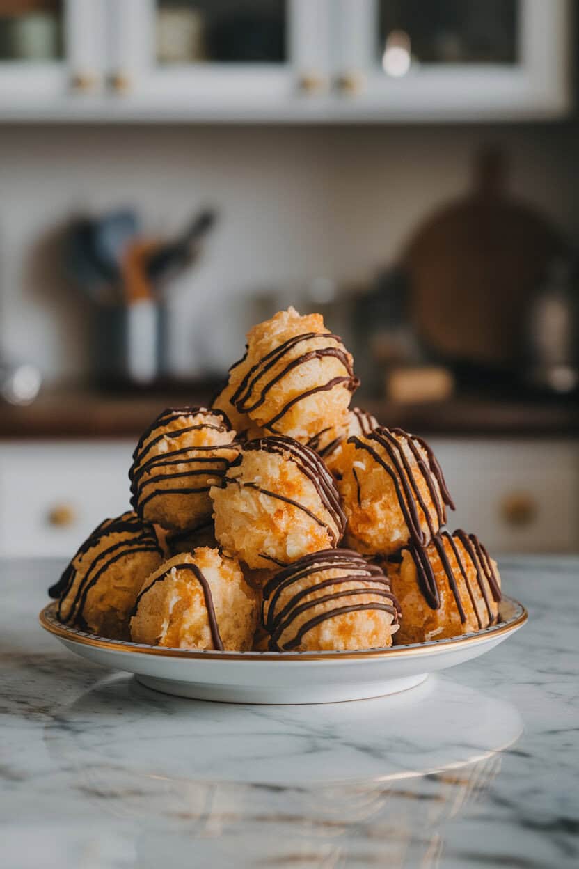 A plate of golden coconut macaroons drizzled with dark chocolate, set on an indoor marble countertop. No text or logos. Photo, not illustration.