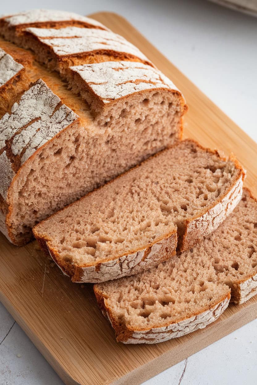 Indoor image of a sliced gluten-free loaf on a bamboo board, loose rice flour dusting visible, no text or logos.