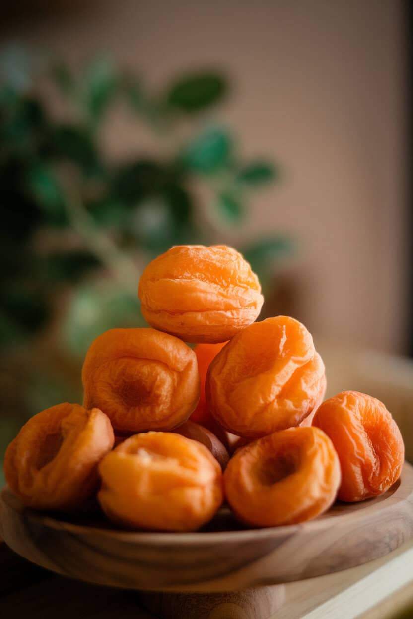 Indoor close-up of plump dried apricots stacked neatly on a small wooden dish. No text or logos.