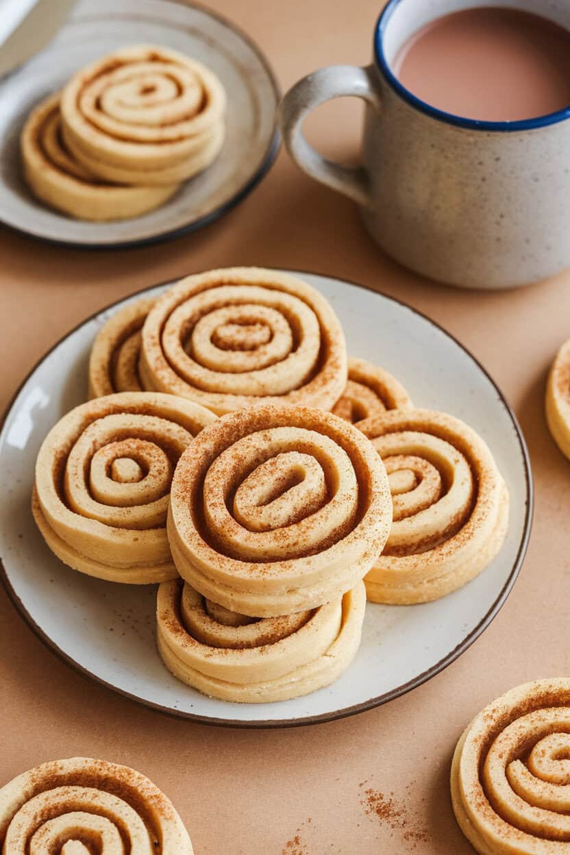 Overhead indoor photo of sliced pinwheel cookies showing spiral layers of cinnamon sugar, stacked beside a mug of cocoa. No text or logos.