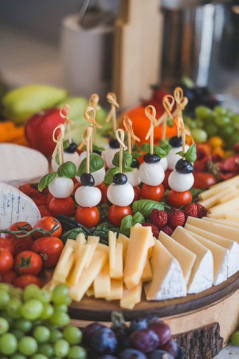 An indoor cheese board featuring mini skewers with mozzarella balls, basil leaves, cherry tomato halves, and a black olive slice on the mozzarella to resemble an iris. No text or logos.