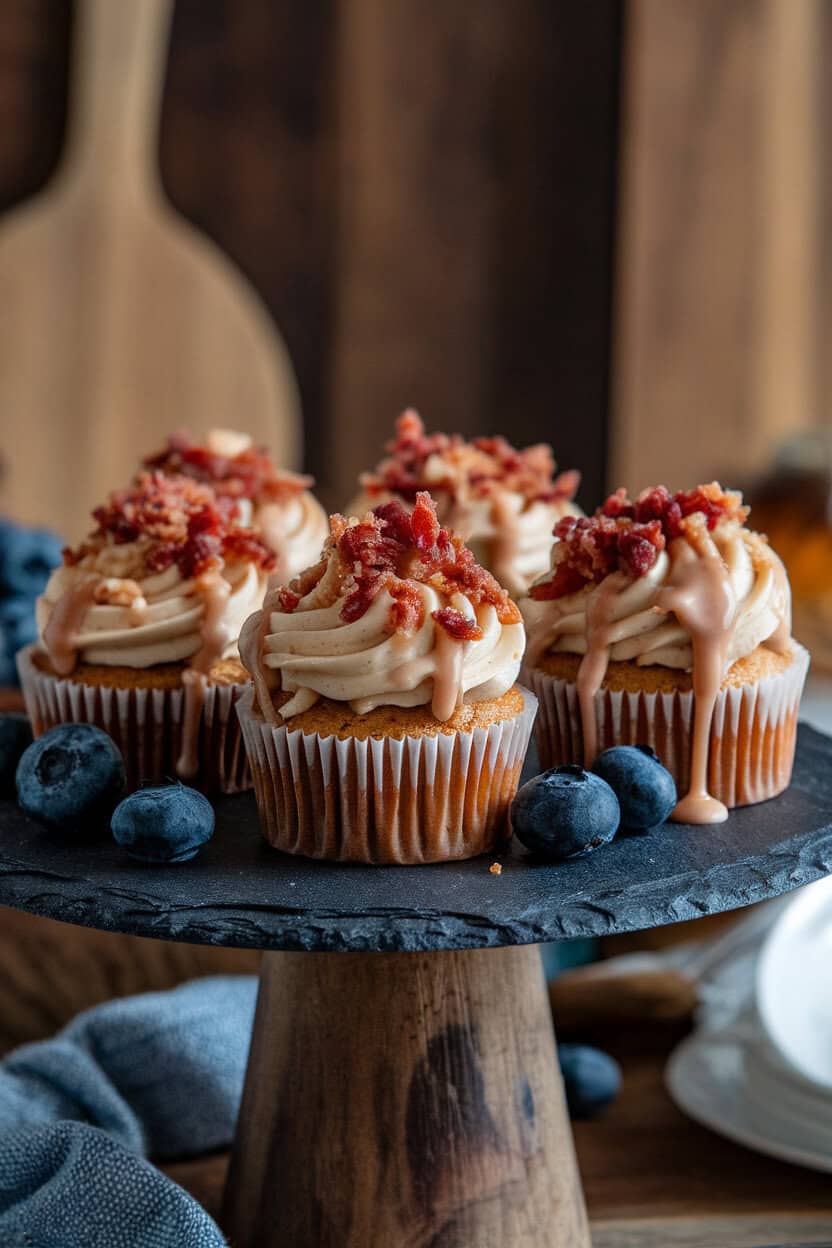Indoor photo of maple cupcakes drizzled with maple glaze and topped with crispy bacon crumbles, set on a slate serving board. No text or logos.