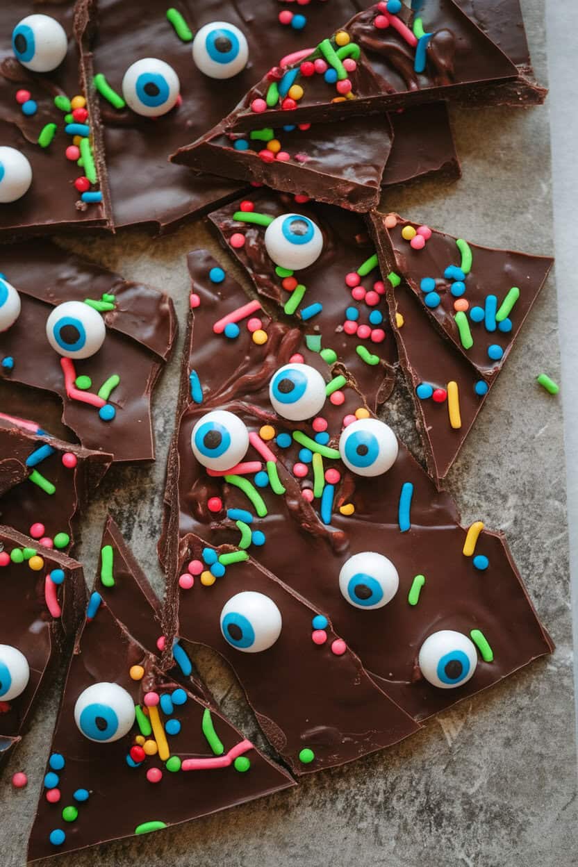 Photo, not illustration. Indoor countertop displaying slabs of dark chocolate bark studded with candy eyeballs and neon sprinkles, broken into uneven shards. No branding.