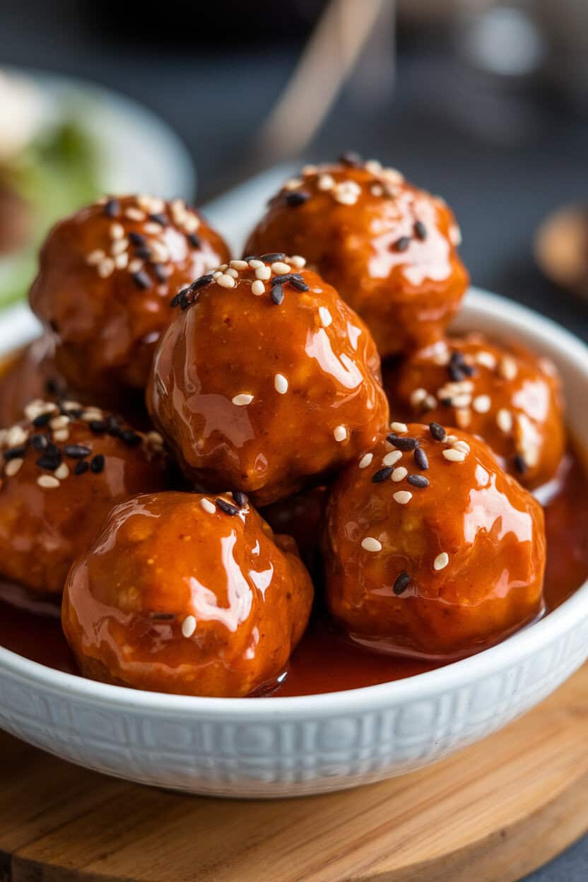 An indoor serving bowl with glazed meatballs coated in glossy sweet chili sauce and garnished with sesame seeds. No text or logos.