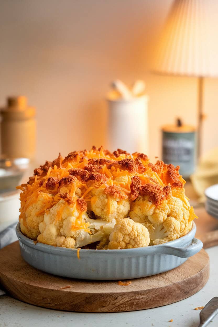 An indoor casserole dish of golden cauliflower and cheddar bake, breadcrumb topping browned, cheesy strands visible. Soft kitchen lighting, no text or logos.