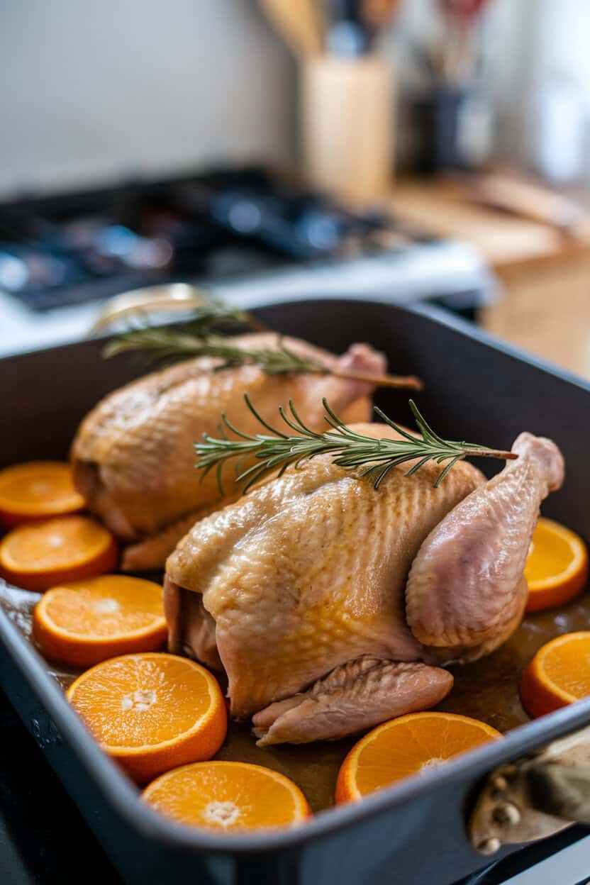 An indoor roasting pan with two golden Cornish hens, orange slices tucked underneath, rosemary sprigs on top, pan juices shimmering. No text or logos present.
