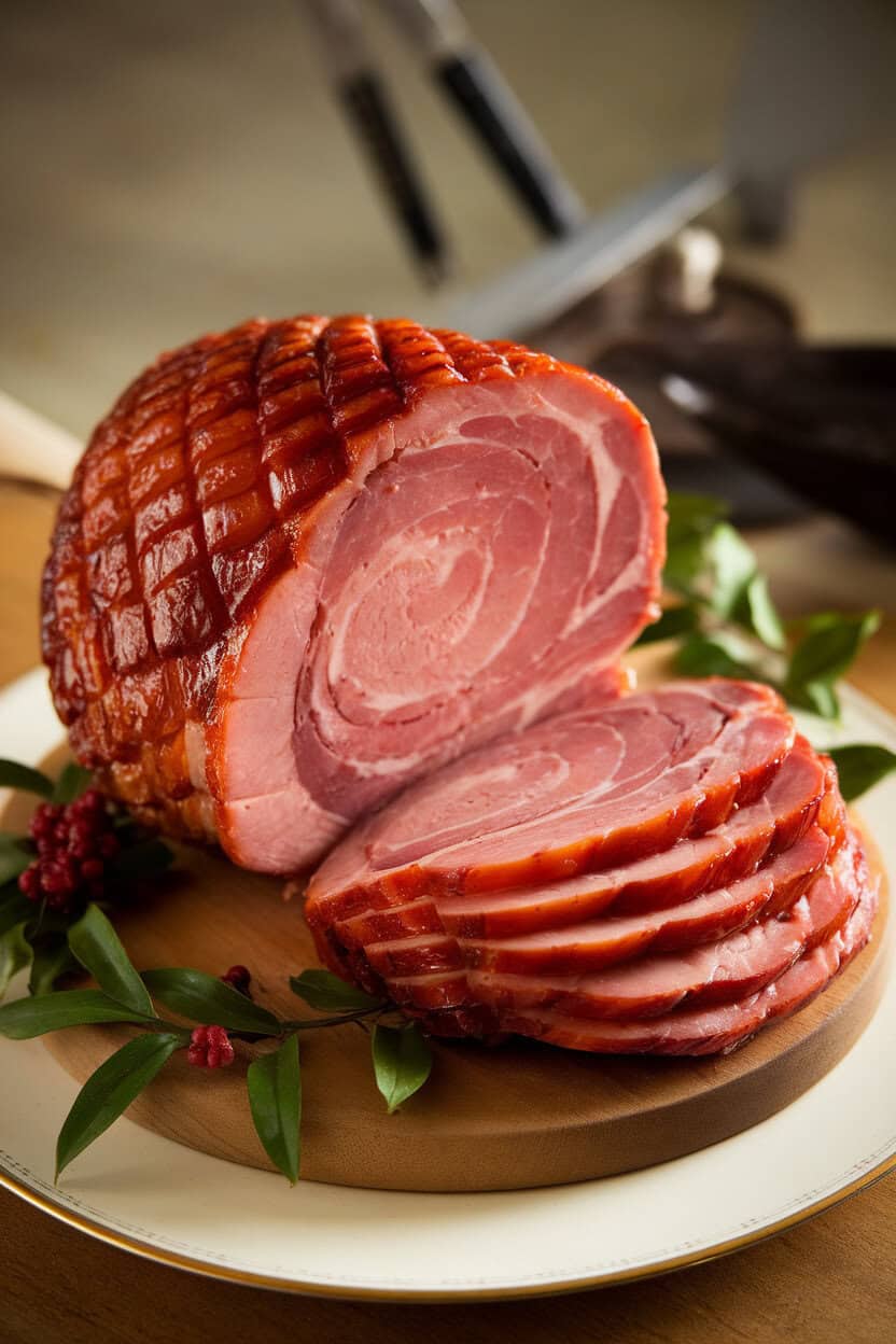 An indoor carving board holding a cooked spiral ham lacquered with shiny honey glaze, slices fanned out; photo, no text or logos.