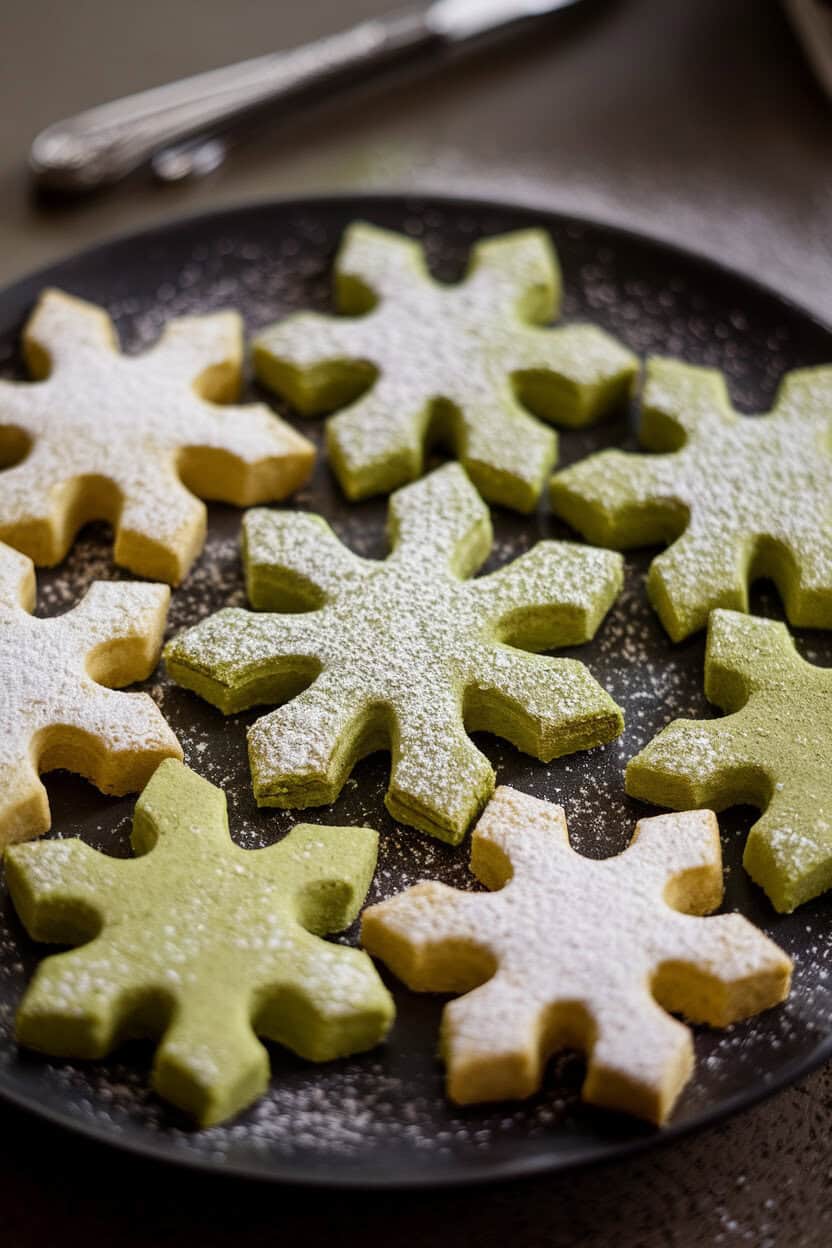 Indoor tabletop shot of green matcha shortbread snowflakes lightly dusted with powdered sugar, contrasting on a dark plate. No text or logos.