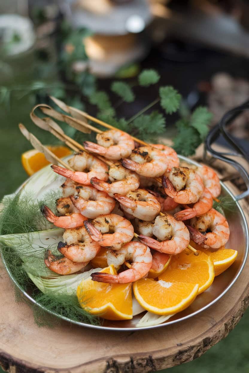Indoor tabletop photo of grilled shrimp skewers resting on a platter with orange segments and fennel fronds, gentle char marks visible. No text or logos appear.