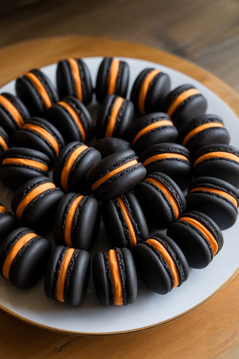 Photo, not illustration. Indoor pastry tray holding matte black macarons with contrasting bright orange ganache filling. No logos in view.