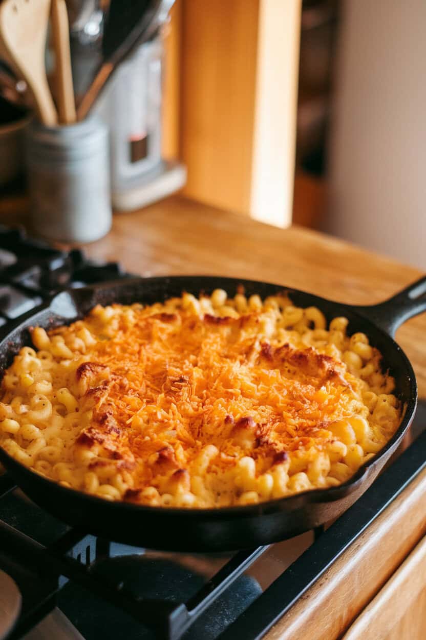 An indoor kitchen island featuring a cast-iron skillet of bubbling mac and cheese with browned Gruyère crust and elbow pasta peeking through. No text or logos. Photo, not an illustration.