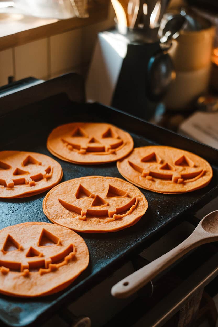 A warmly lit indoor griddle scene with orange tortillas cut into smiling jack-o’-lantern faces, cheese oozing slightly at the edges. No logos or text; photo, not illustration.