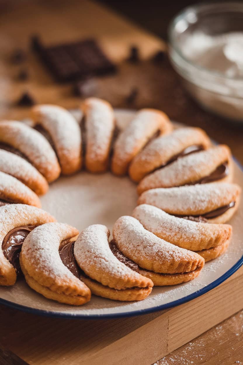 Indoor plate of crescent-shaped cookies dusted with powdered sugar, Nutella filling peeking from the ends, soft warm light. No text or logos.