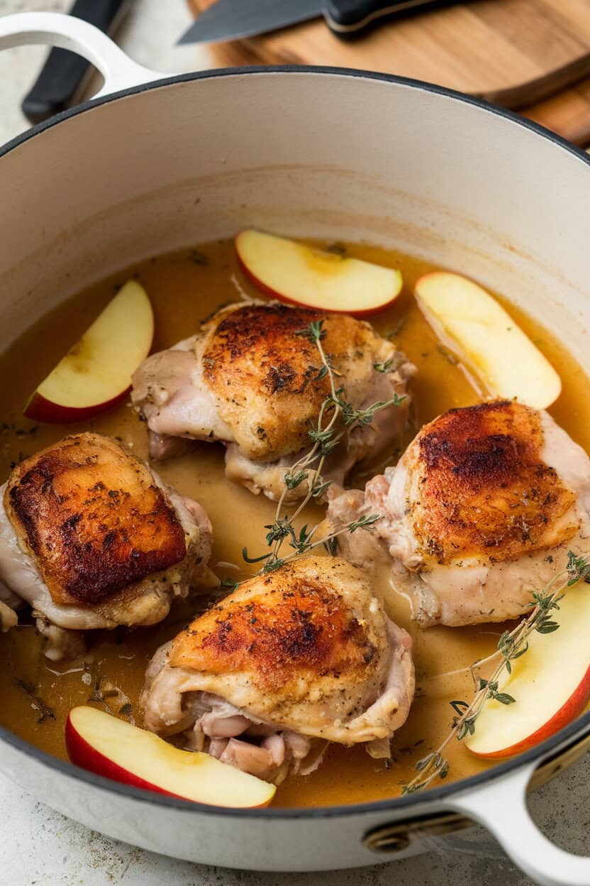 An indoor Dutch oven containing browned chicken thighs nestled in a light amber cider sauce with apple wedges and thyme sprigs visible. No text or logos. Photo, not illustration.