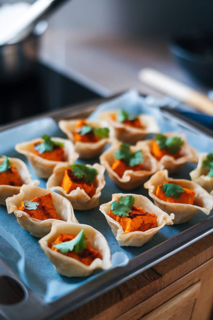 Indoor tray featuring mini phyllo shells filled with orange-hued tandoori-spiced paneer and garnished with cilantro leaves. No text or logos.