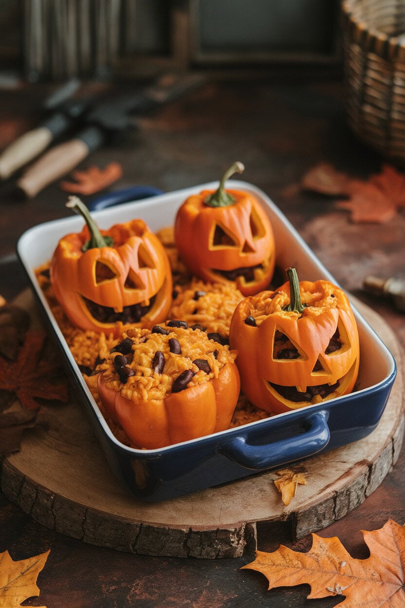 An indoor casserole dish with orange bell peppers carved like mini jack-o’-lanterns, filled with cheesy rice and black beans. No text or logos.