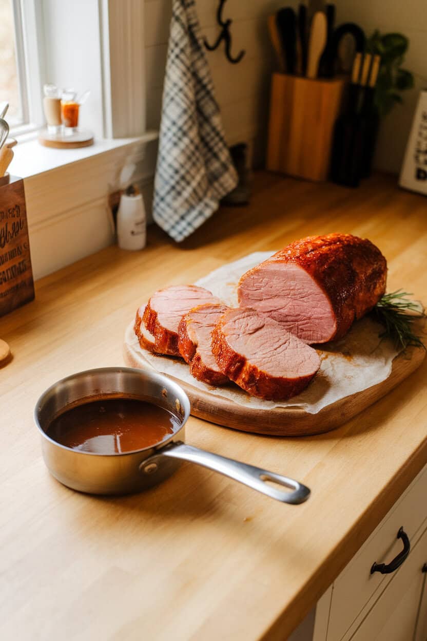 A warmly lit indoor kitchen counter showcasing a small saucepan of glossy maple-Dijon glaze beside thick slices of pork loin arranged on a wooden board; no logos or text.