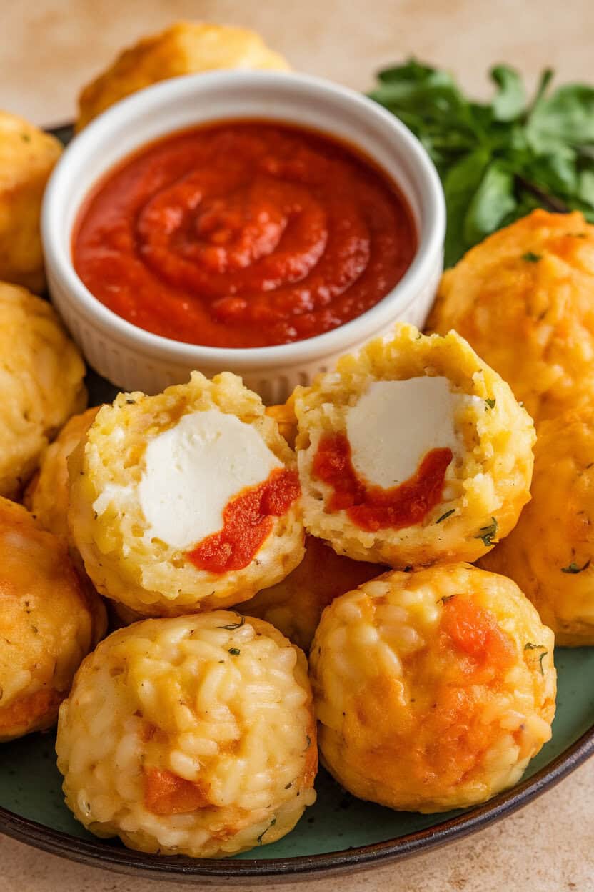 An indoor Italian-style platter photo of golden risotto balls broken open to reveal melted mozzarella centers, served with a small bowl of marinara. No logos or text.