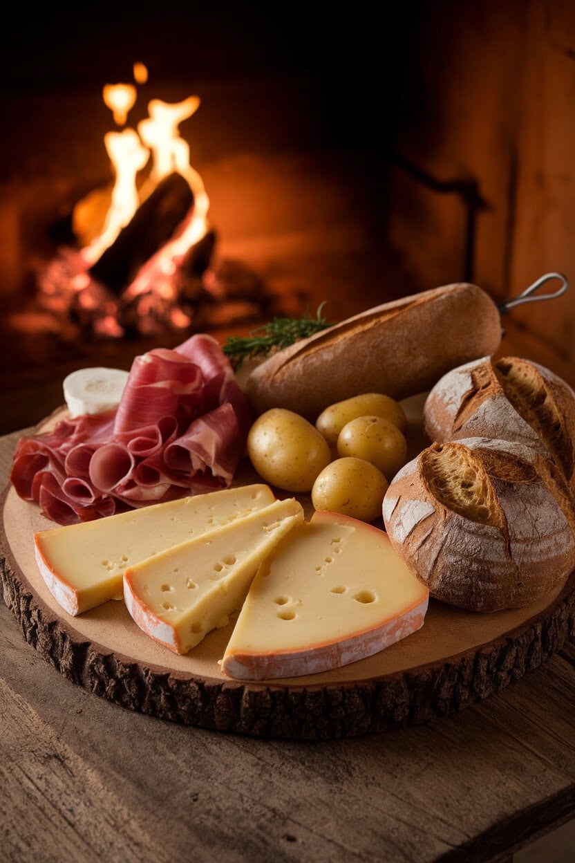 Indoor chalet-style board with raclette cheese slices, speck, cornichons, boiled baby potatoes, and crusty bread, warm fire-lit glow, no text.