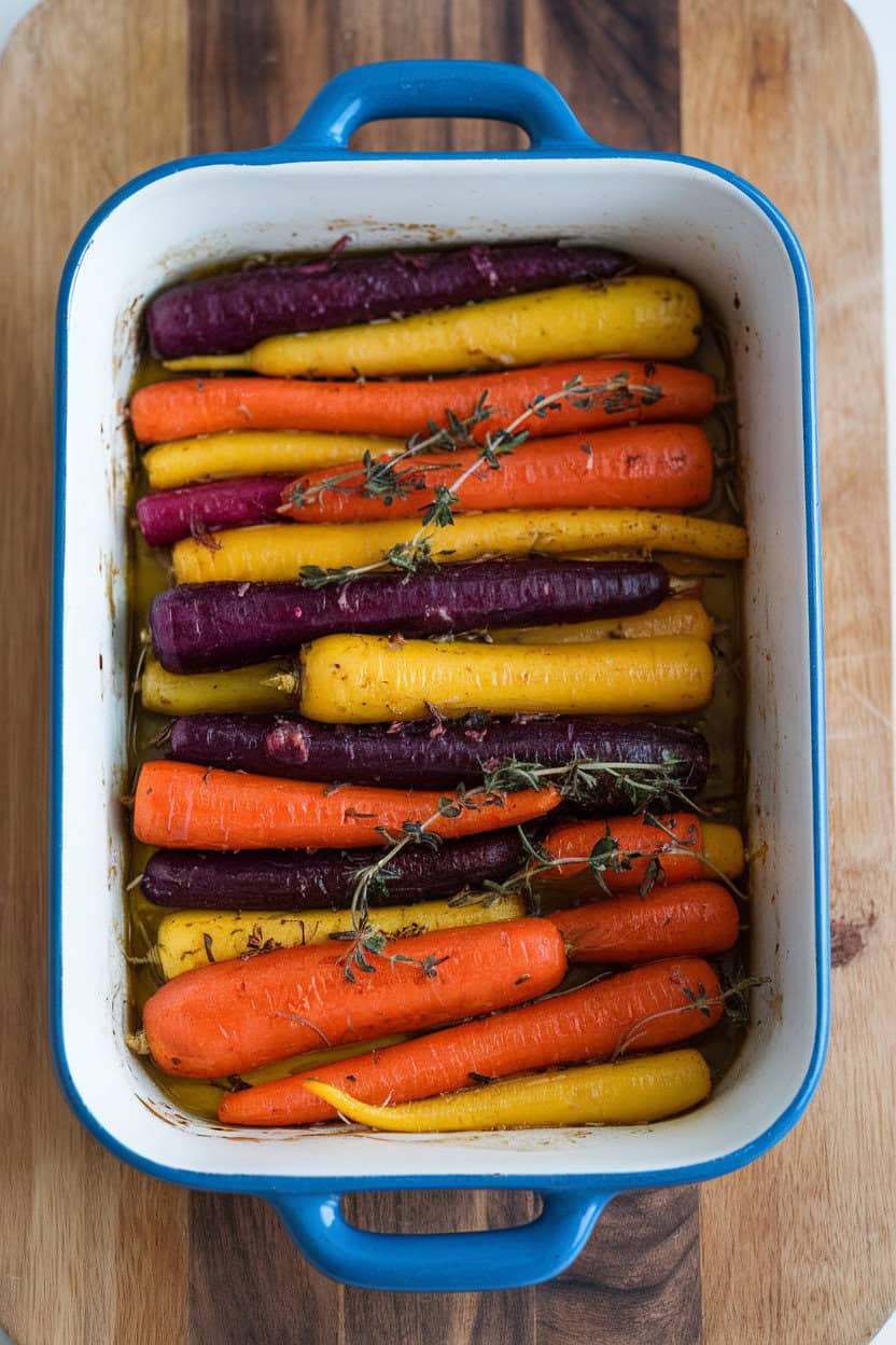 An indoor casserole dish of multi-colored cooked carrots—purple, yellow, and orange—glistening with olive oil and dotted with fresh thyme sprigs. Even overhead lighting; no text or logos. Photo only.