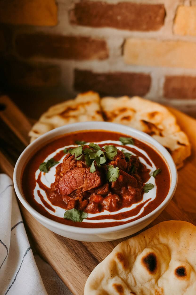 Photo of a bowl of deep-red cooked lamb rogan josh garnished with yogurt swirls and chopped cilantro, shot indoors under warm lighting, no text or logos.