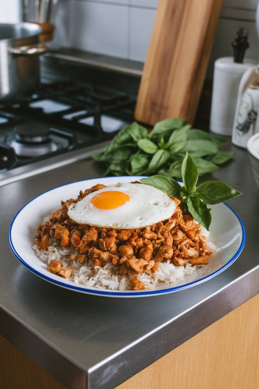 An indoor kitchen island showing a plate of minced Thai basil chicken over jasmine rice with a fried egg on top, basil leaves visible; no text or logos; photo