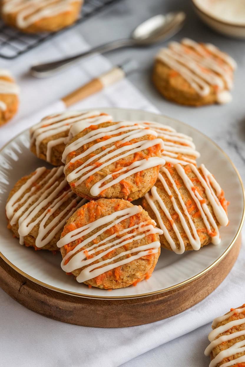 Indoor plate holding round cookies flecked with grated carrot and drizzled with cream cheese glaze, no branding visible.