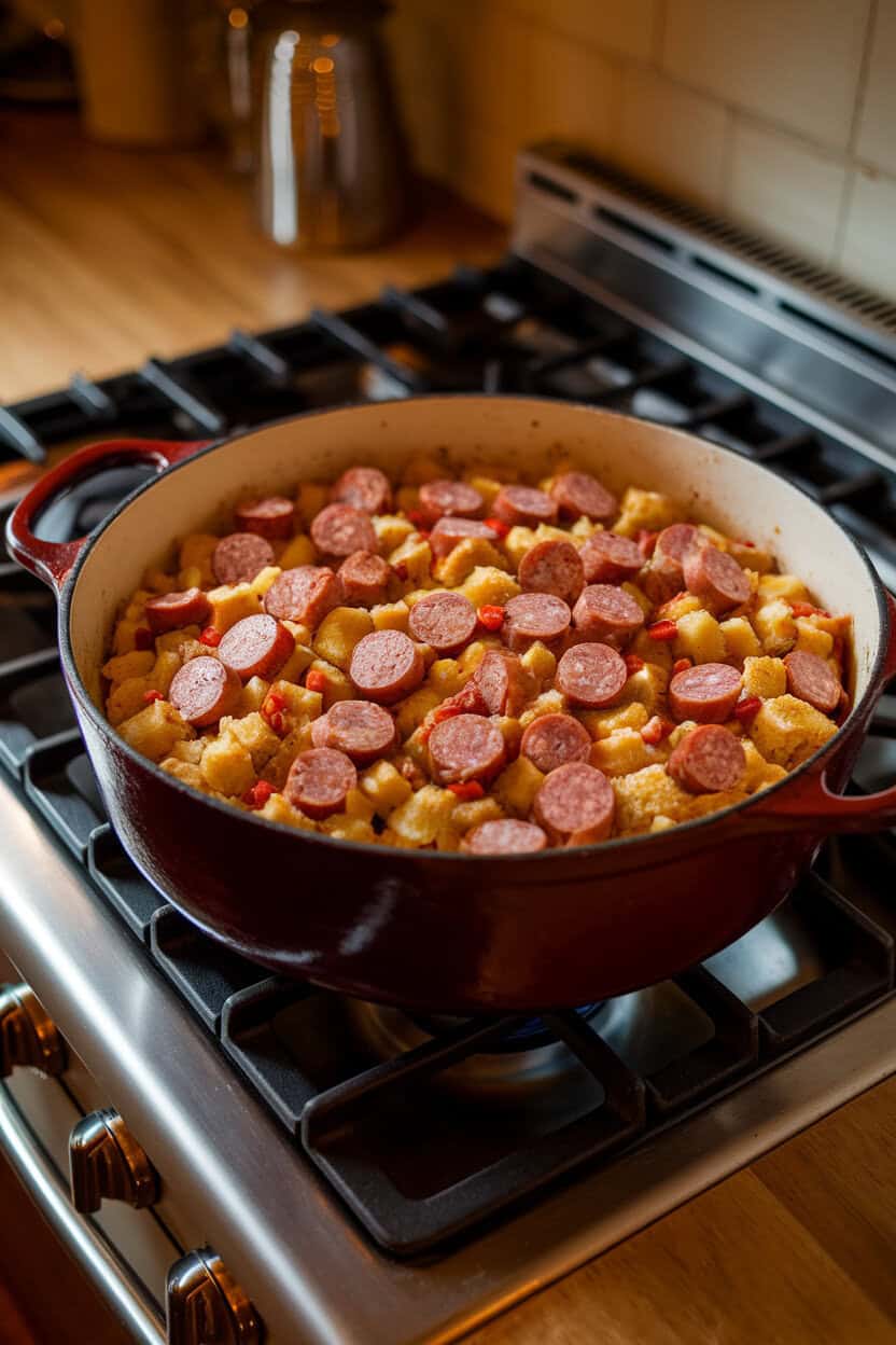 An indoor kitchen range with a Dutch oven of cornbread stuffing packed with sliced andouille sausage and red pepper bits under warm lighting. No text or logos; photo only.