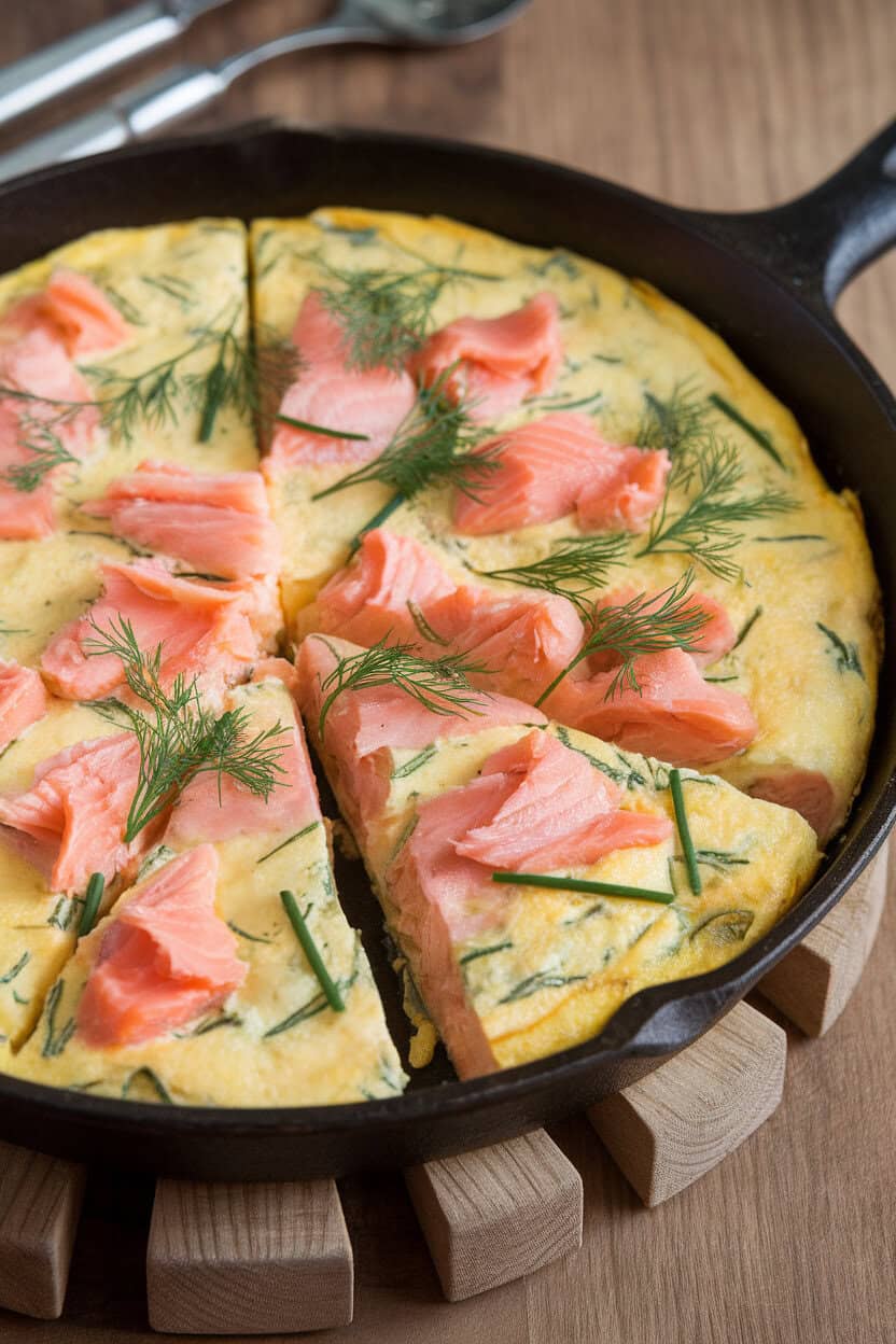 Indoor skillet frittata with flaked cooked salmon, dill, and chives, sliced into wedges, resting on a wooden trivet. No text or logos. Photo, not illustration.