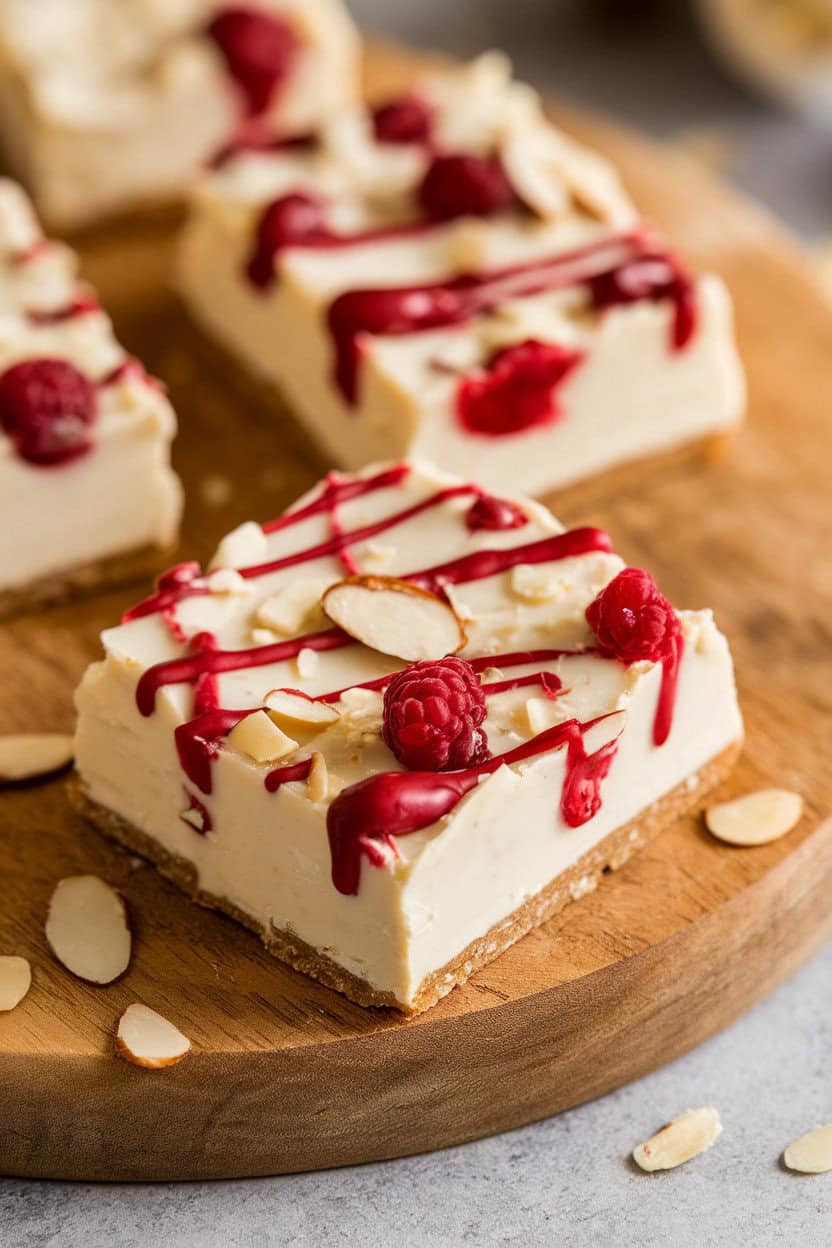 Indoor photo of white-chocolate toffee drizzled with raspberry jam and sprinkled with sliced almonds. No text or logos.