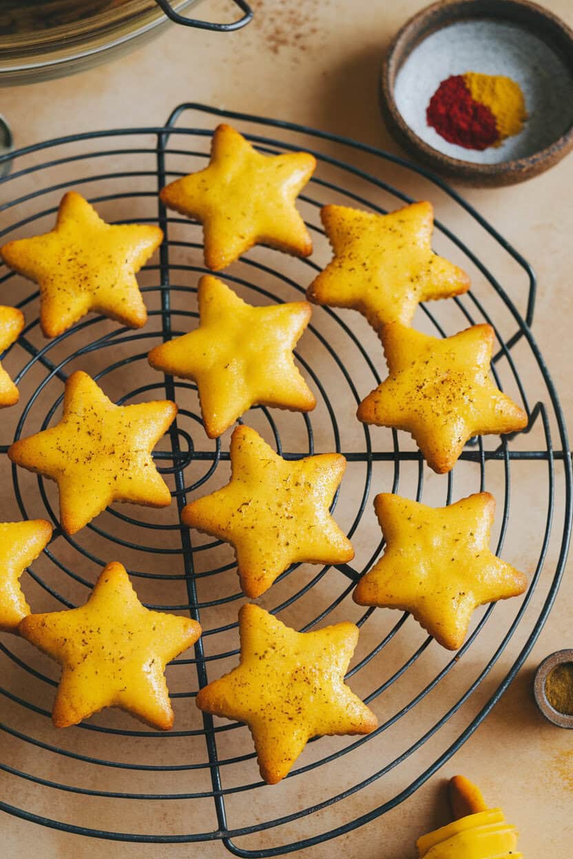 An indoor photo of bright yellow saffron-infused star cookies flecked with cardamom, cooling on a wire rack. No text or logos present.