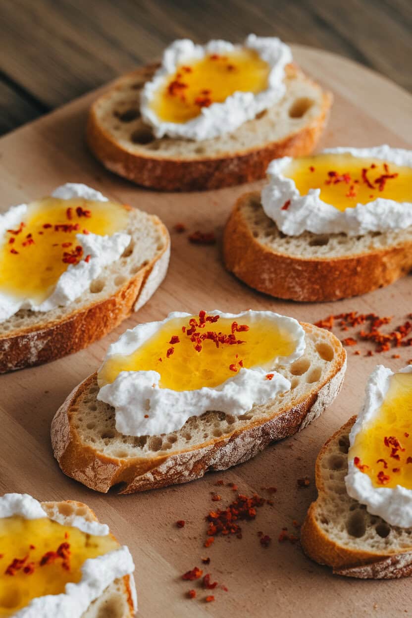 Indoor board featuring toasted baguette slices topped with whipped ricotta and drizzled hot honey, garnished with crushed red pepper flakes. No text or logos.