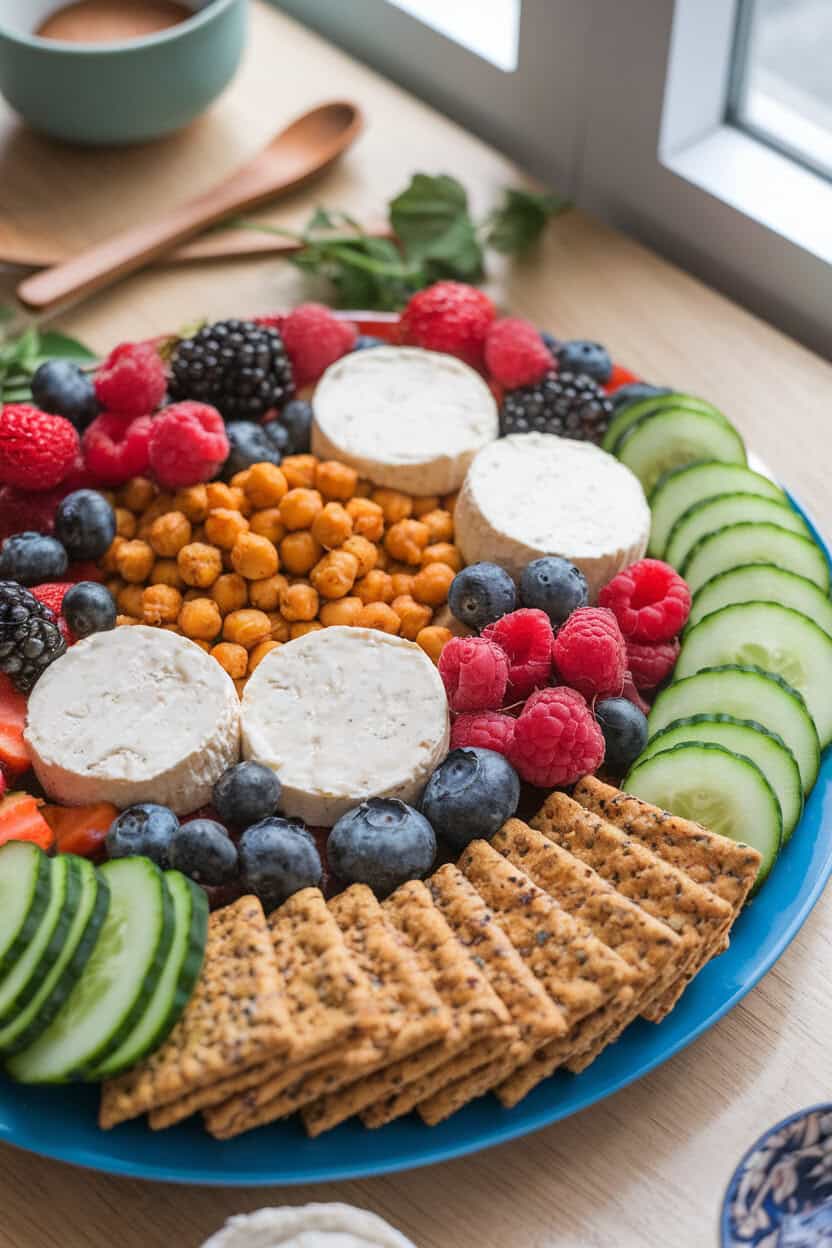 Photo indoors of a colorful platter with cashew “cheese” rounds, roasted chickpeas, fresh berries, sliced cucumbers, and seeded crackers, soft daylight, logo-free.