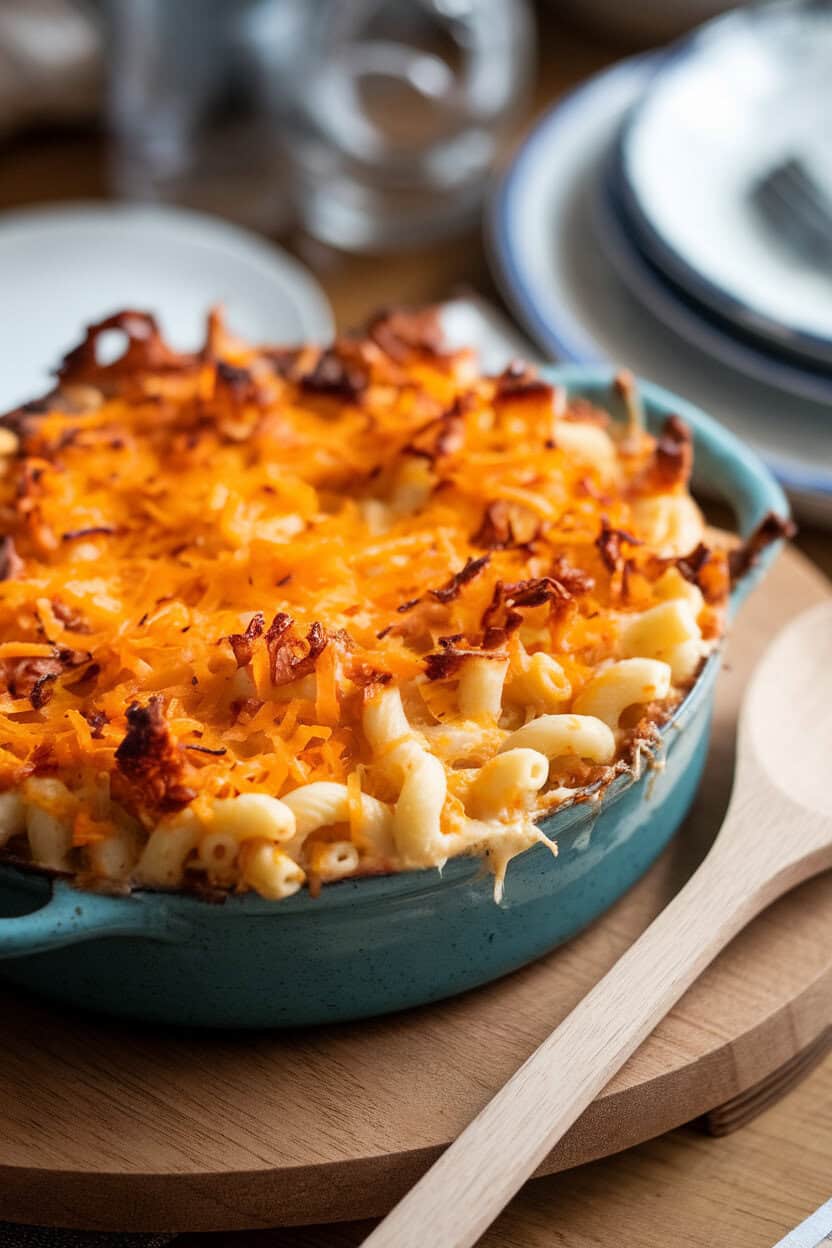An indoor dining table showcasing a bubbling casserole of baked macaroni and cheese, cheddar browned on top and elbows peeking through. A wooden spoon rests beside the dish, ready for serving. Photo only, no text or logos.