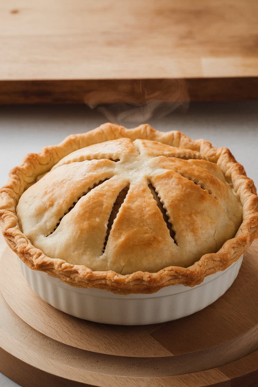 An indoor scene of a golden turkey pot pie in a pie dish, flaky crust vented with steam escaping. No text or logos. Photo, not illustration.